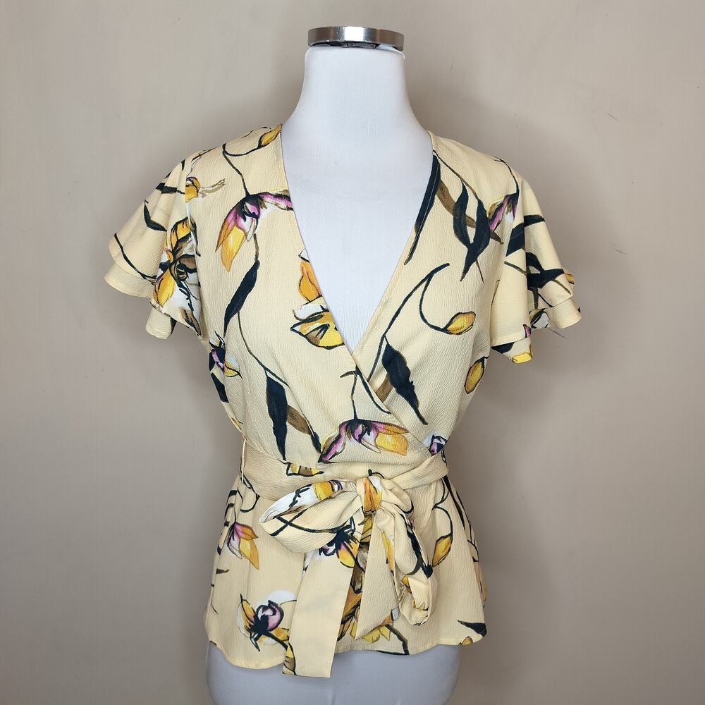 a new day Cream Floral Wrap Top with Yellow & Green Accents
